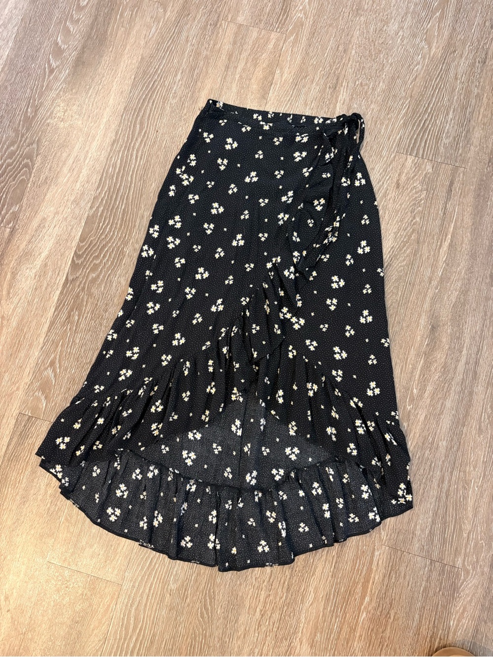 Black Floral High-Low Wrap Skirt with Ruffle Hem